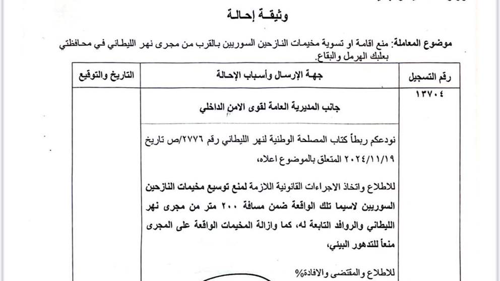 كتاب لوزير الداخلية لمنع إقامة مخيمات النازحين السوريين بالقرب من مجرى نهر الليطاني